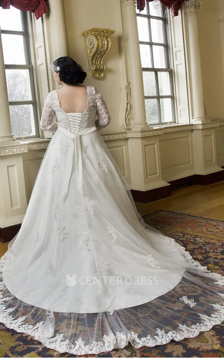 Long Sleeve Lace Bridal Gown With Crystal Satin Sash And Lace Up