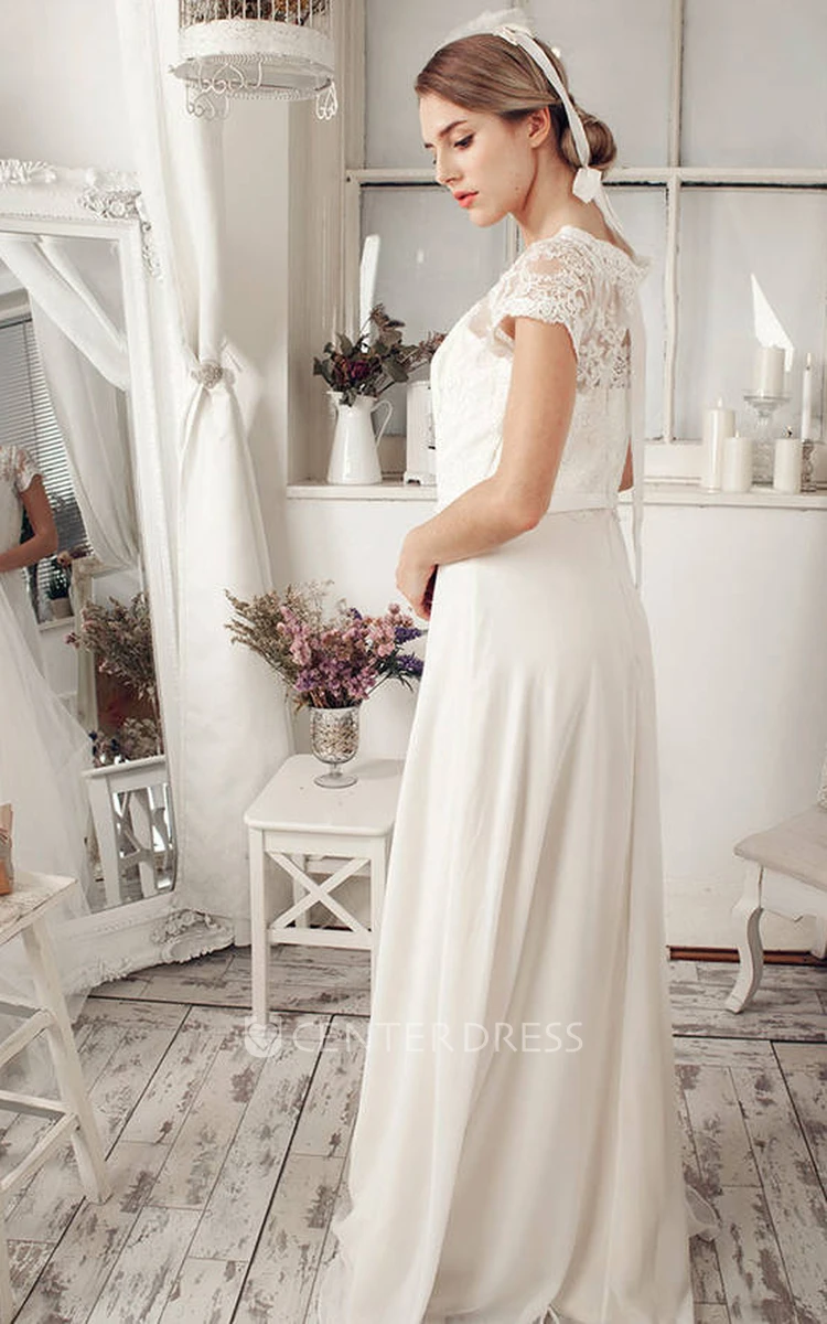 Sheath Cap-Sleeve Scoop-Neck Chiffon Wedding Dress With Lace And Illusion