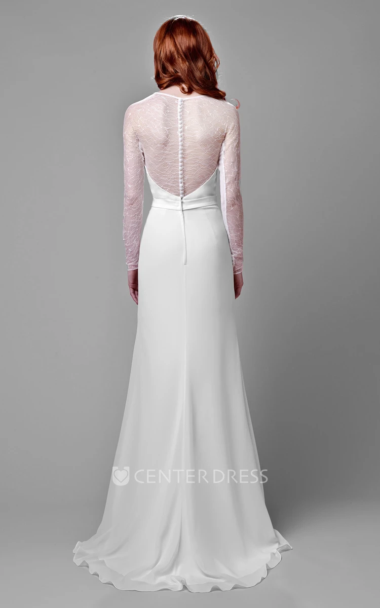 Long Sleeve Lace And Chiffon Wedding Dress With Illusion Back And Pearls