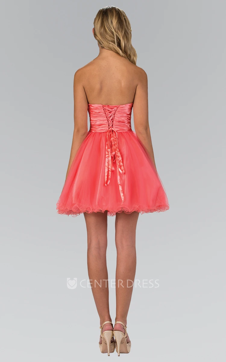 A-Line Mini Strapless Sleeveless Tulle Corset Back Dress With Beading And Lace