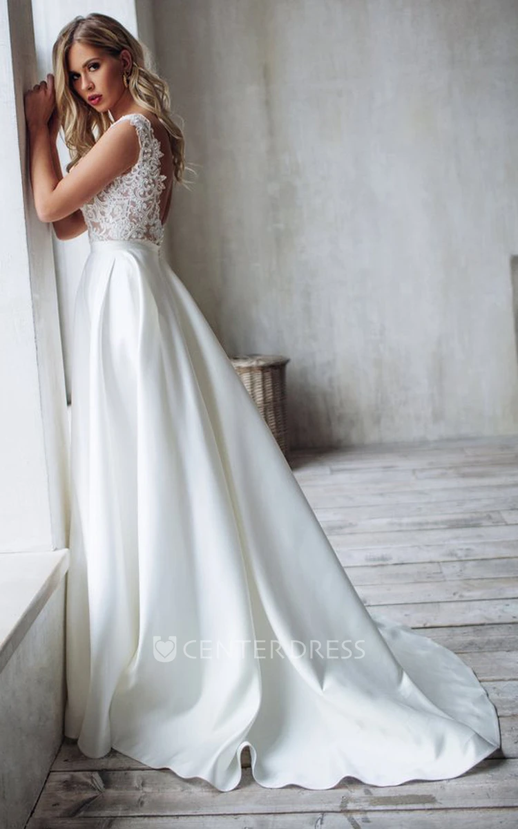 A Line Sleeveless Satin Lace Simple Button Low-V Back Wedding Dress with Ruffles