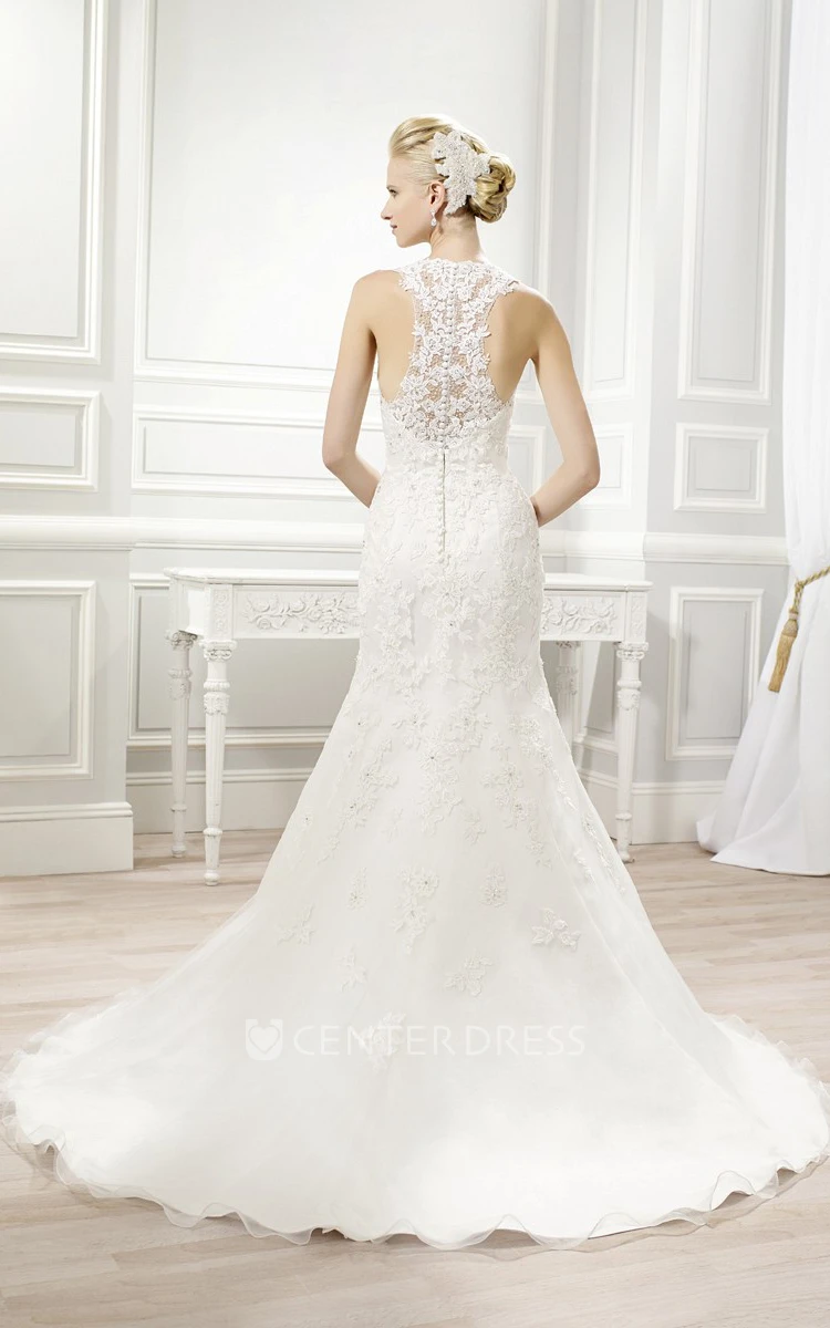 Trumpet Appliqued Long Sleeveless V-Neck Lace&Satin Wedding Dress With Court Train And Illusion Back