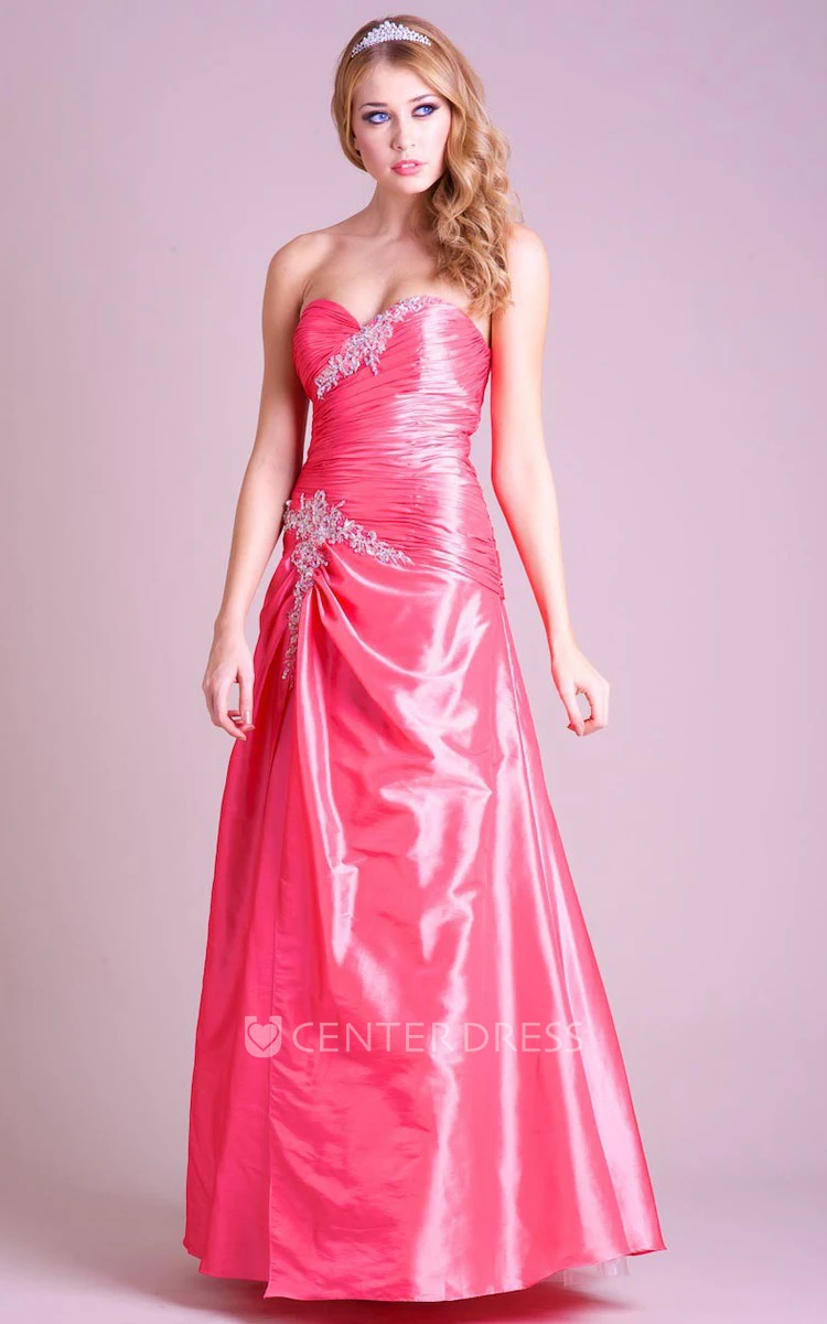 A-Line Floor-Length Ruched Sleeveless Sweetheart Satin Prom Dress With Beading And Draping