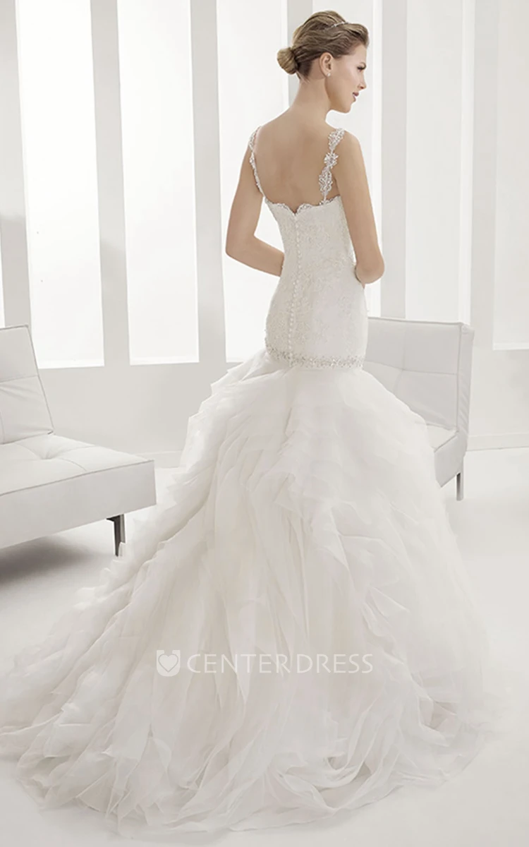Lace Spaghetti Straps Mermaid Wedding Gown With Tiered Skirt