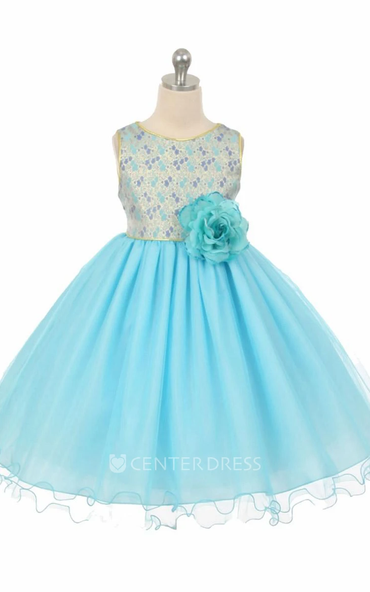 Tea-Length Floral Floral Beaded Tulle Flower Girl Dress With Sash