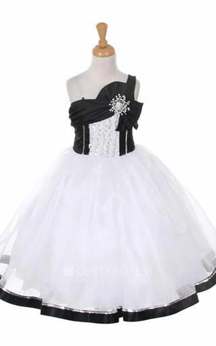 Broach Tea-Length Bowed Tiered Sequins&Organza Flower Girl Dress With Sash