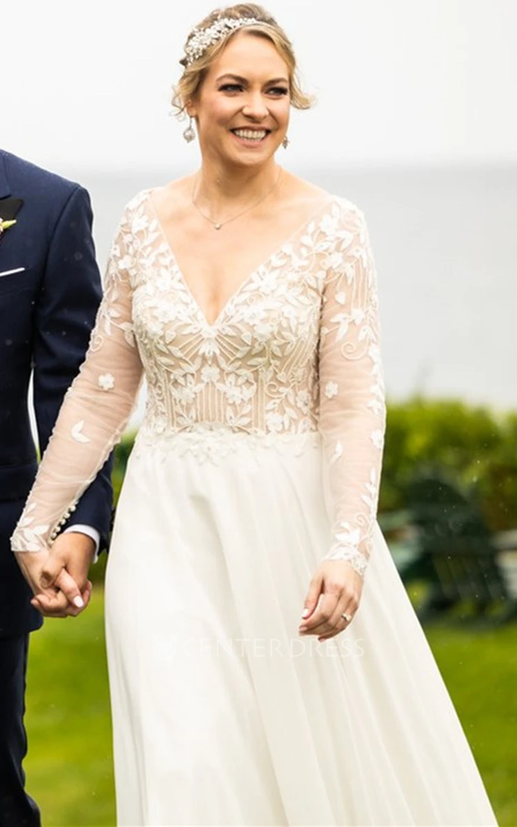 Charming A-Line V-neck Chiffon Sweep Train Long Sleeve Wedding Dress