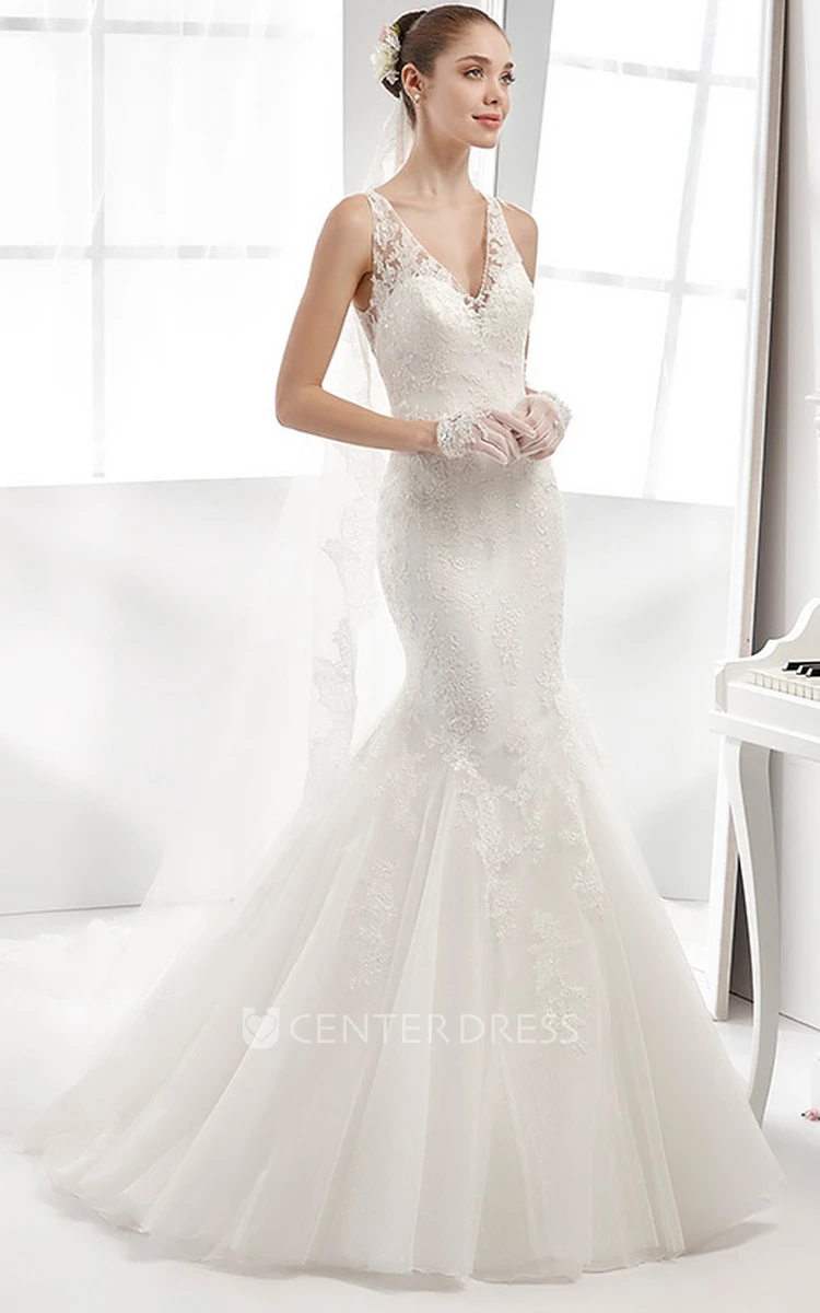 Mermaid V-neck Lace Wedding Dress With Appliques And Illusion Back