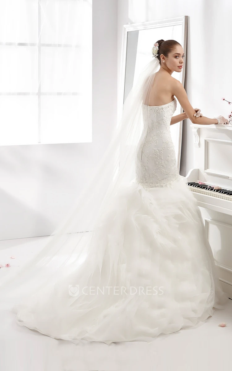 Strapless Appliqued Mermaid Wedding Dress With Ruffled Train And Sequins