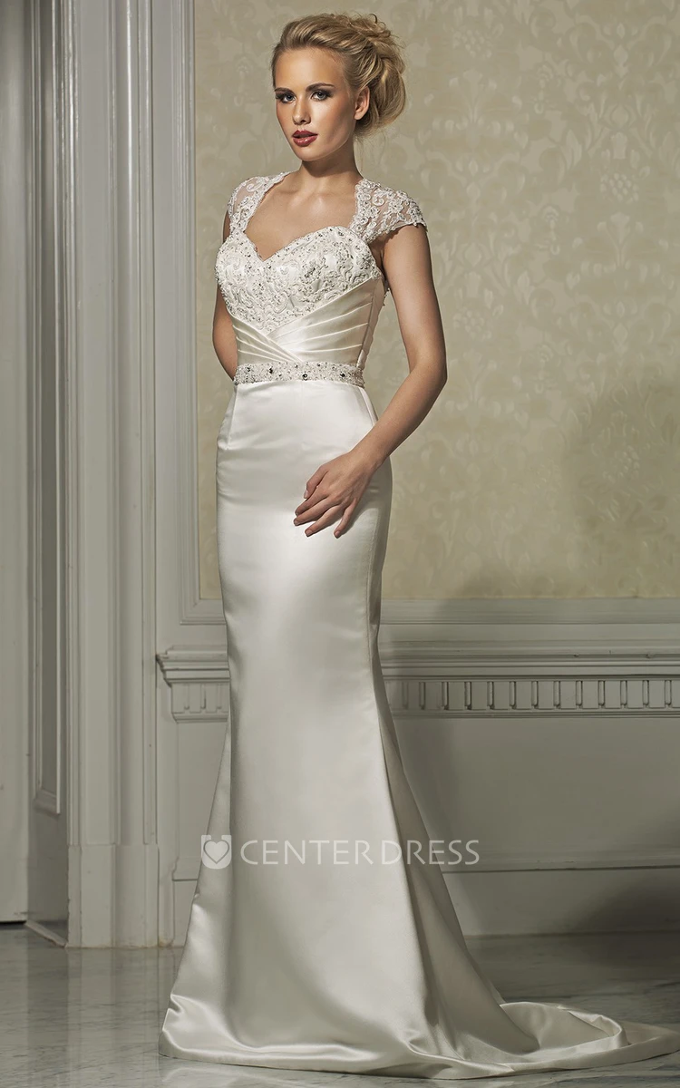 Sheath Cap-Sleeve Floor-Length Jeweled Satin Wedding Dress With Lace