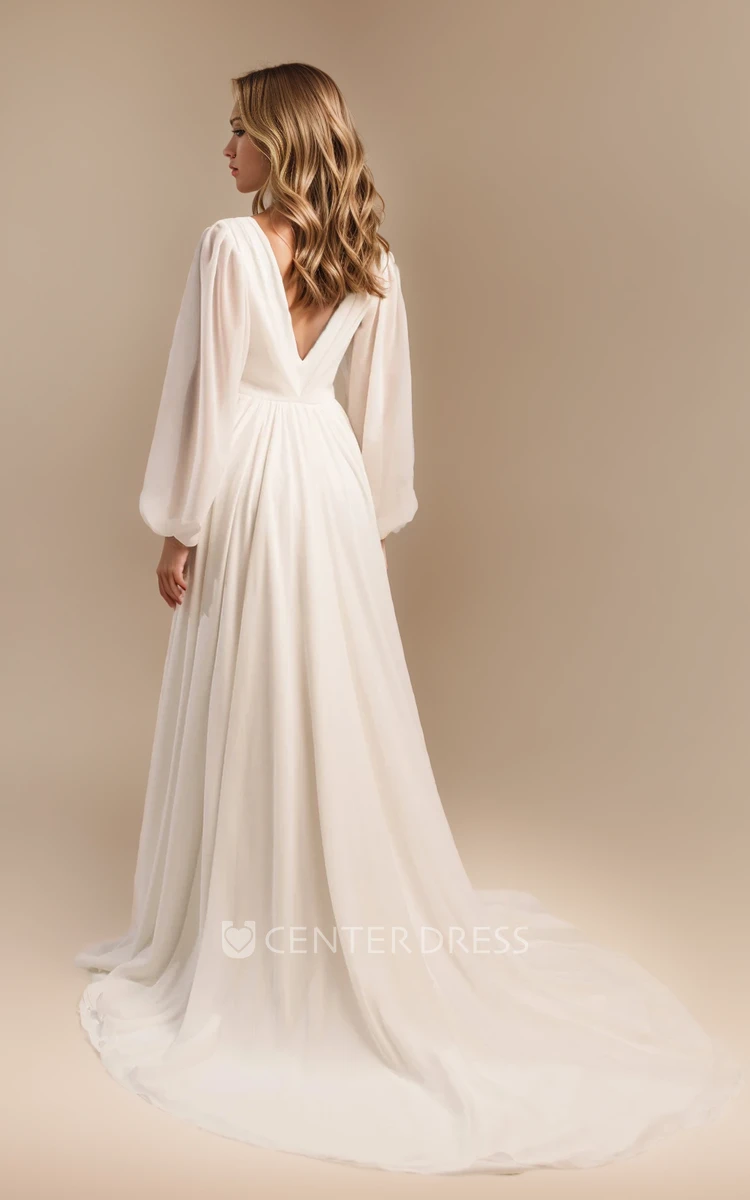 Long Sleeve Floor-length V-neck A-Line Simple Elegant Solid Plus Size Wedding Bride Dress with Train Deep-V Back