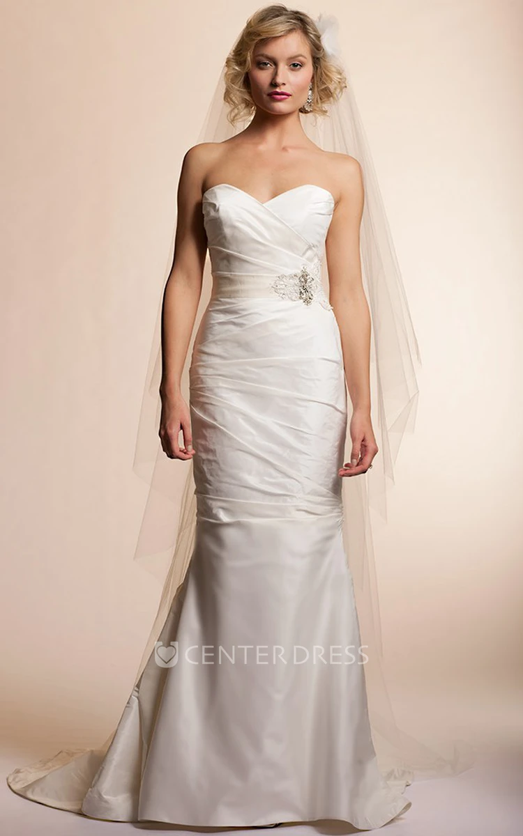 Trumpet Floor-Length Sweetheart Satin Wedding Dress With Criss Cross And Bow