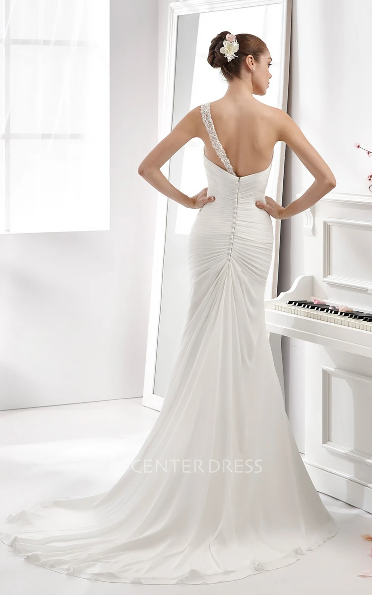 One-Strap Sheath Chiffon Wedding Dress With Side Draping And Pleated Details