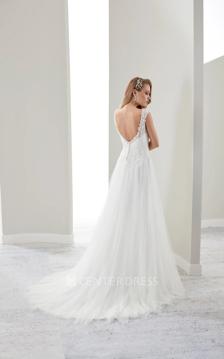 Cap Sleeve Illusion Draping Bridal Gown With Lace Bodice And Open Back