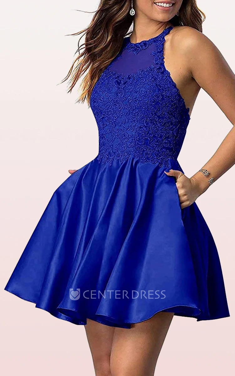 Sexy A Line Satin Lace Jewel Sleeveless Homecoming Dress with Appliques