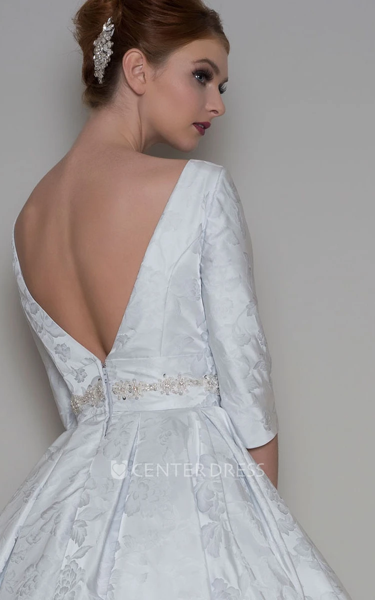 A-Line Tea-Length 3-4 Sleeve Bateau Neck Jeweled Satin Wedding Dress