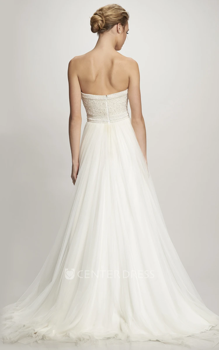 A-Line Long Sweetheart Tulle Wedding Dress With Beading And Zipper