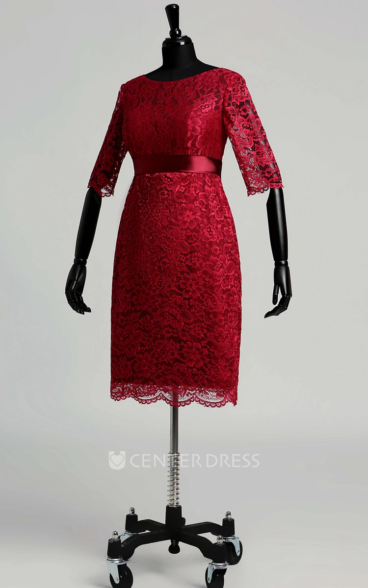 Sheath Knee-length Pleats Ruching Lace Dress