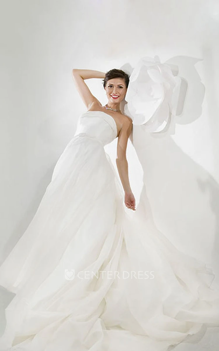 A-Line Sleeveless Long Strapless Satin Wedding Dress With Chapel Train And Backless Style