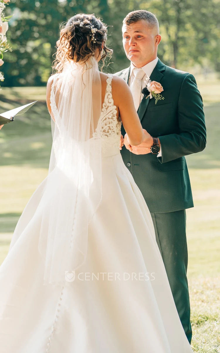 Elegant Lace V-neck A-Line Wedding Dress With Low-V Back And Appliques