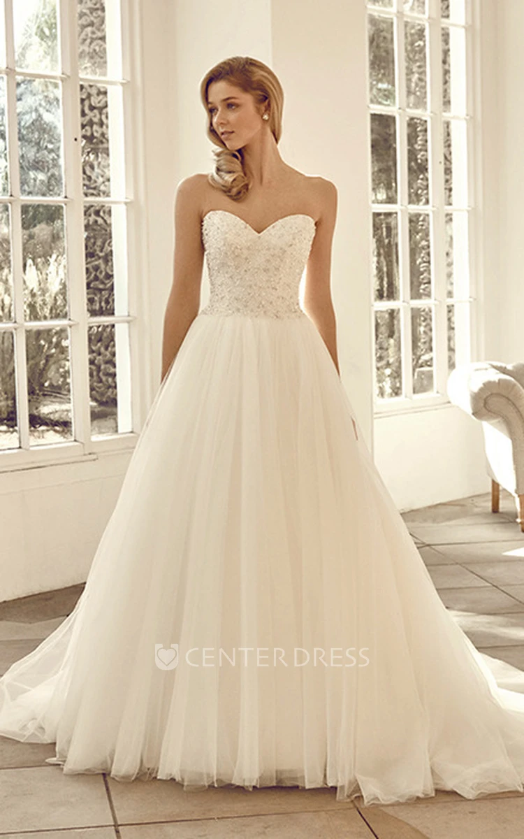 Sweetheart Long Beaded Tulle Wedding Dress With Chapel Train And V Back