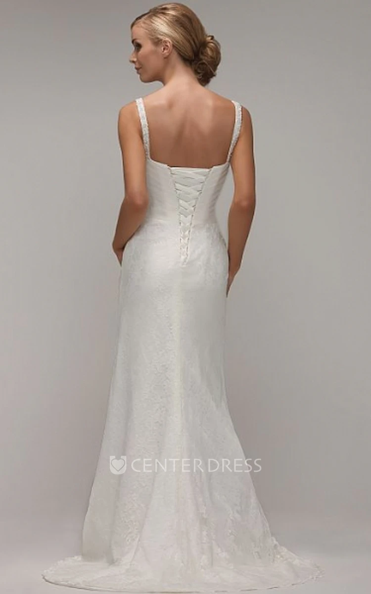 Sheath Sleeveless Spaghetti Long Criss-Cross Lace Wedding Dress With Flower And Appliques