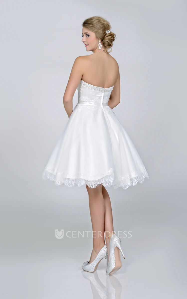 A-Line Short Satin Sweetheart Wedding Dress With Lace Hemline