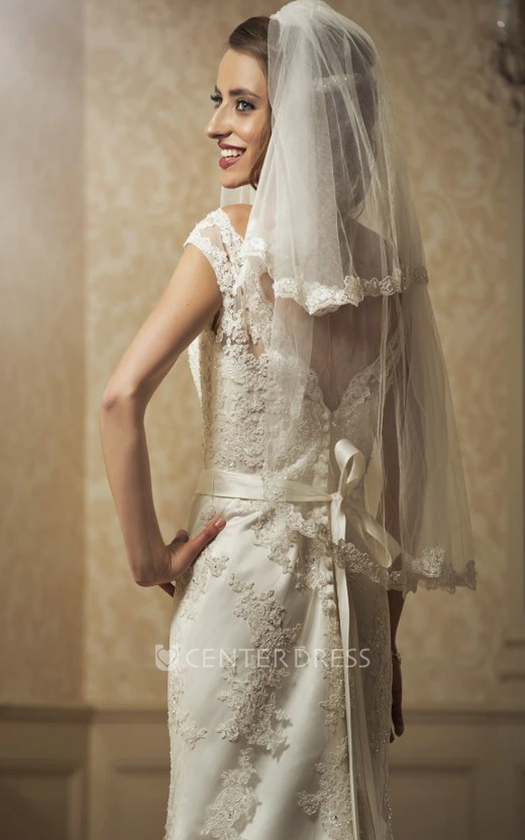 Sheath Cap-Sleeve Bateau-Neck Appliqued Floor-Length Lace Wedding Dress With Waist Jewellery And Bow