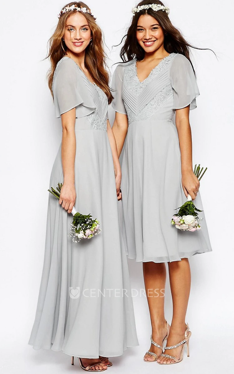 Knee-Length Lace Poet Sleeve V-Neck Chiffon Bridesmaid Dress With Ruching