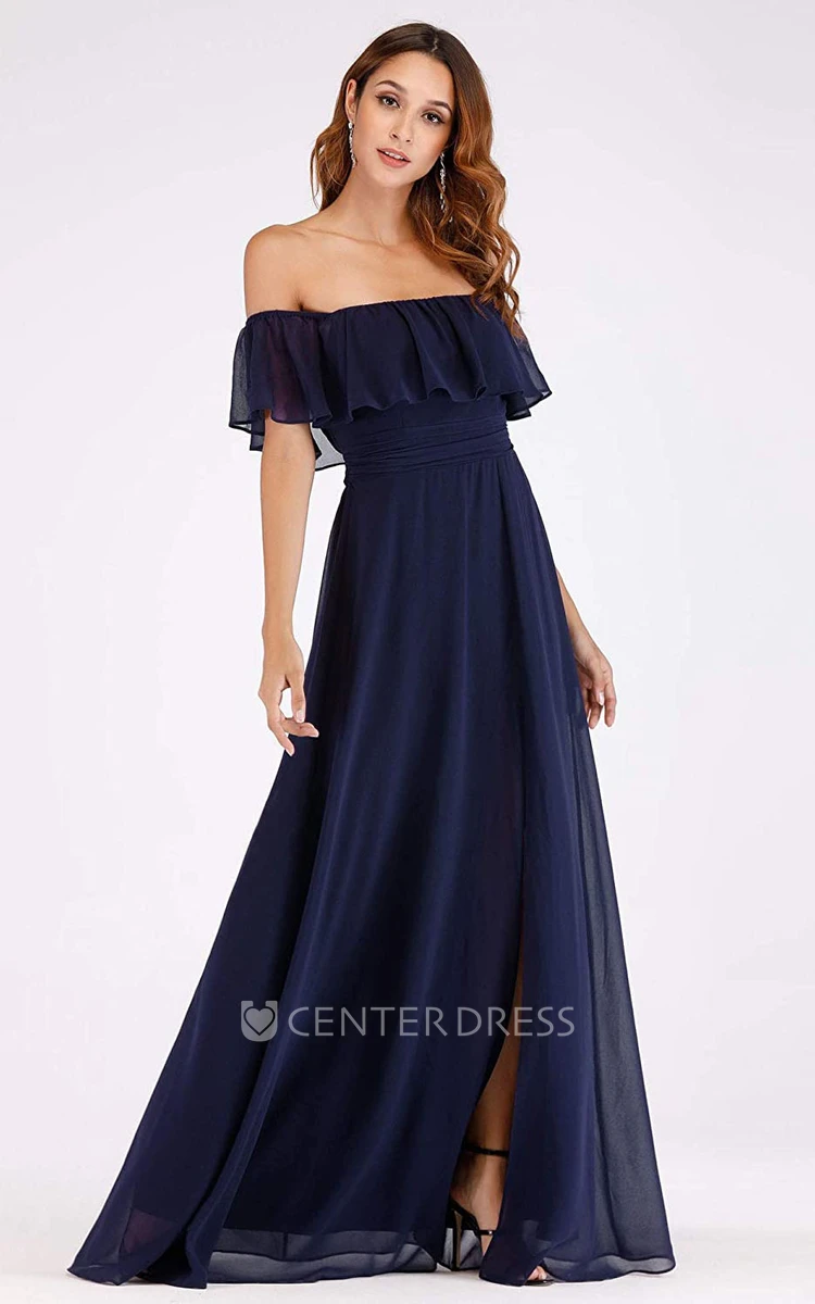 Simple A Line Chiffon Off-the-shoulder Evening Dress With Ruffles and Split Front