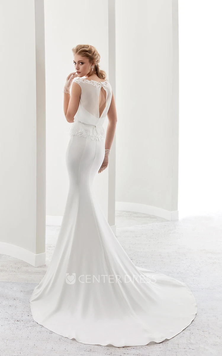 Cap Sleeve Illusion Sheath Gown With Wire Waist And Keyhole Back