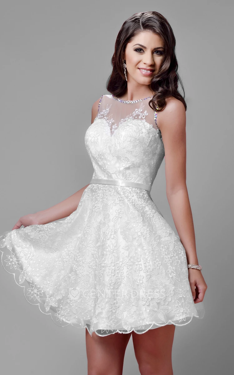 Mini A-Line Sleeveless Lace Wedding Dress With Shining Trim