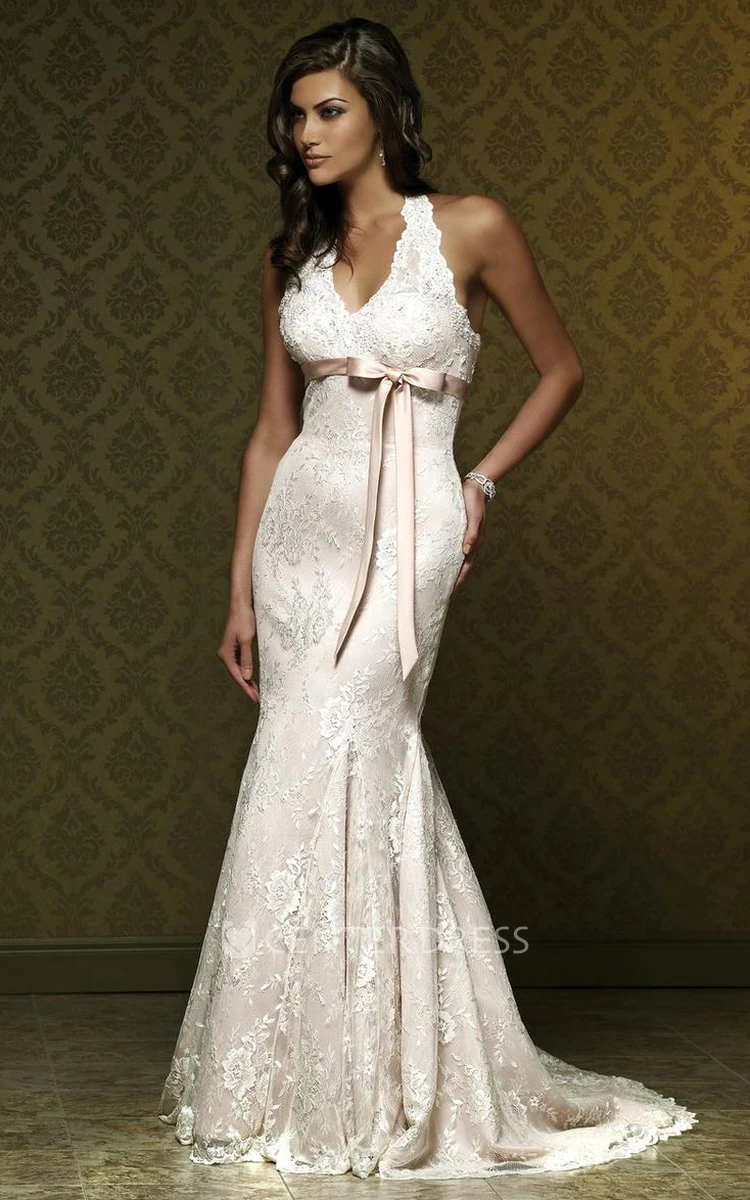 Sheath Appliqued Sleeveless Maxi V-Neck Lace Wedding Dress With Bow And Pleats