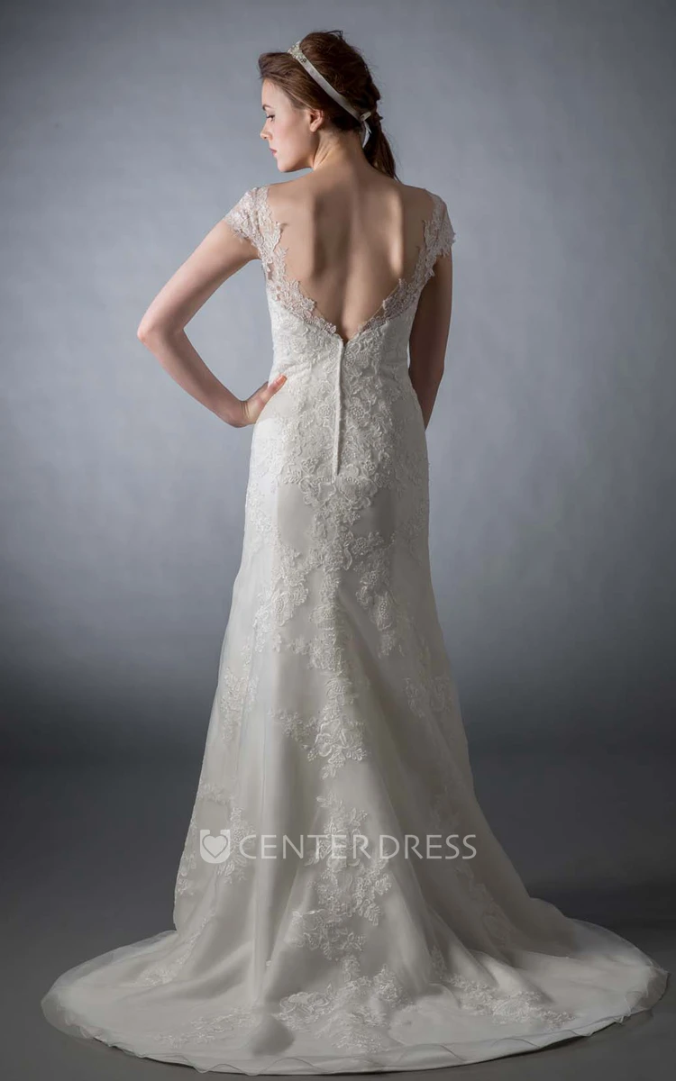 Mermaid Cap Sleeve Appliqued Bateau Neck Tulle Wedding Dress