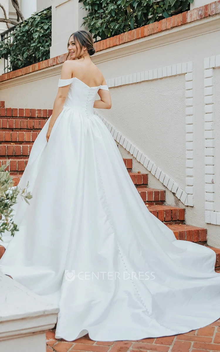 Simple Elegant A-Line Off-the-shoulder Satin Wedding Dress Vintage Sleeveless V-Back Bridal Gown
