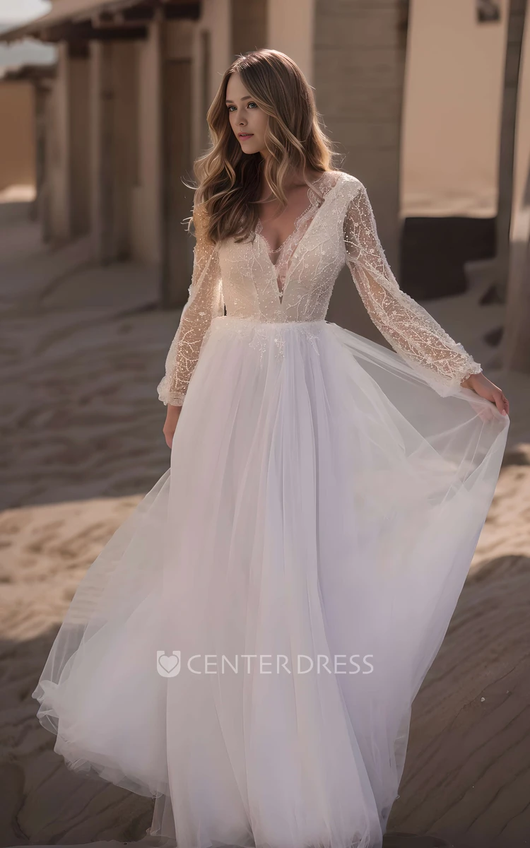 Modern Casual Boho Lace Sequins A-Line Long Sleeve Wedding Dress with Beading Ethereal Flowy Tulle Maxi Low Back Bridal Gown