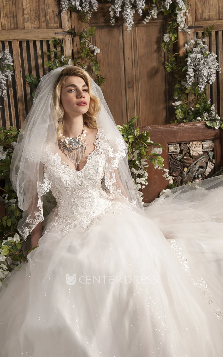 A-Line Beaded V-Neck Floor-Length Sleeveless Tulle Wedding Dress With Waist Jewellery