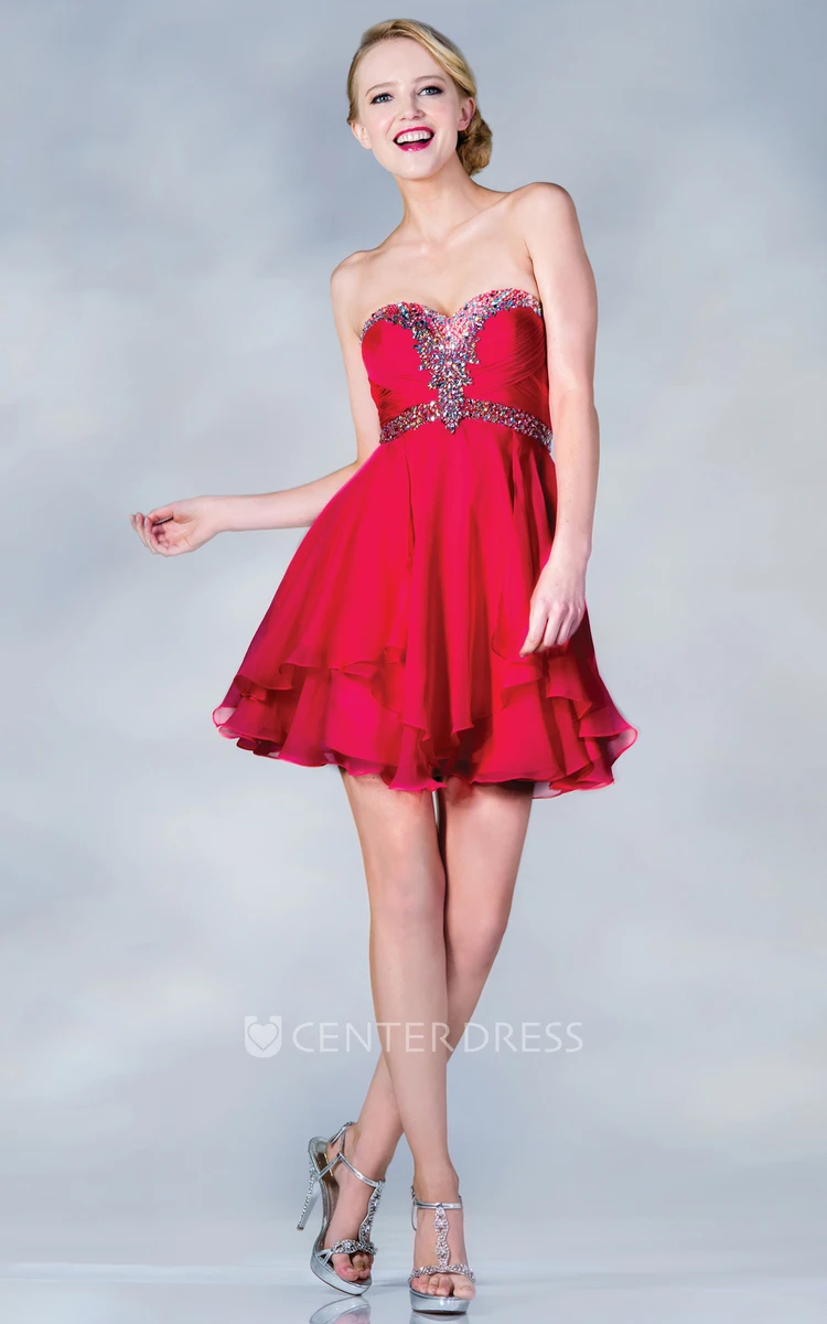 A-Line Short Sweetheart Sleeveless Chiffon Dress With Beading And Draping