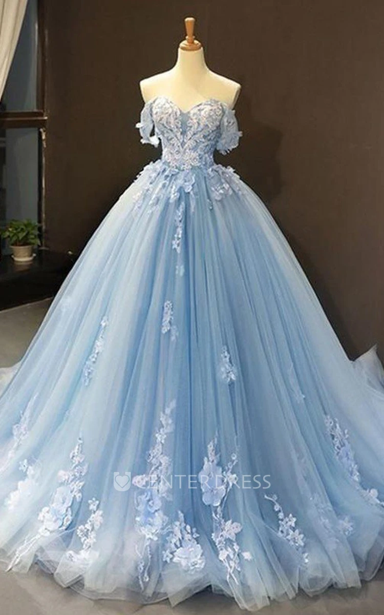 Ball Gown Sleeveless Tulle Casual Prom Dress with Appliques and Petals