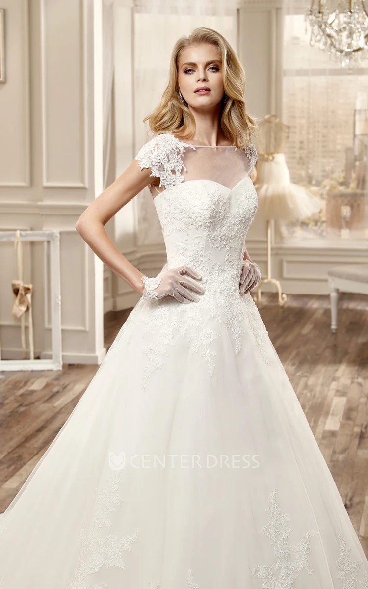 Cap-Sleeve A-Line Wedding Dress With Illusive Neckline And Embroidery