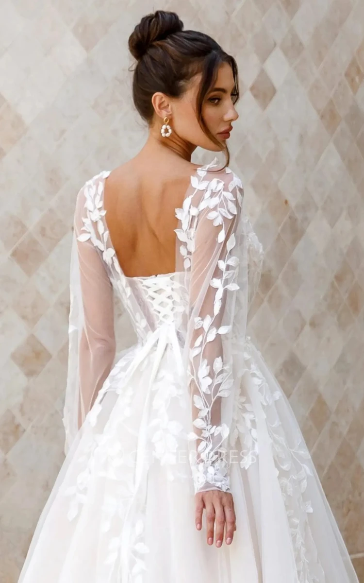 Romantic Floral Lace A-line Flowy Spring Wedding Dress Long Sleeve Illusion Tulle Bridal Gown