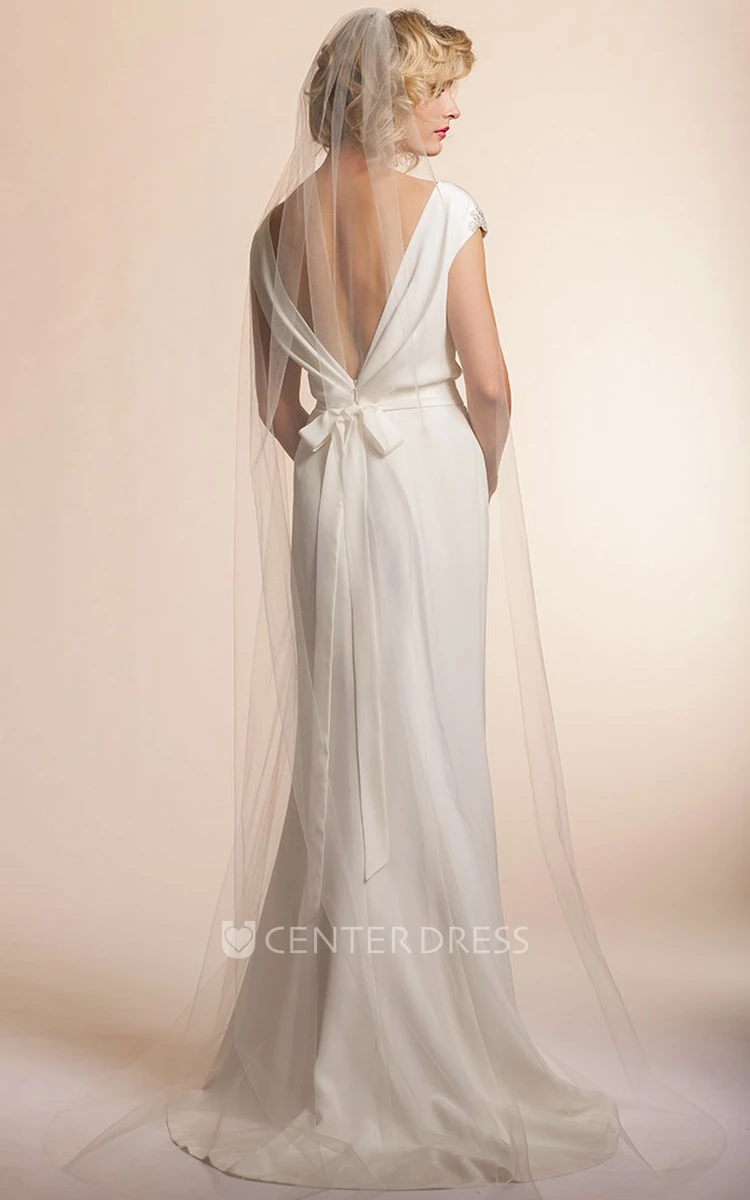 Floor-Length V-Neck Jeweled Cap-Sleeve Chiffon Wedding Dress