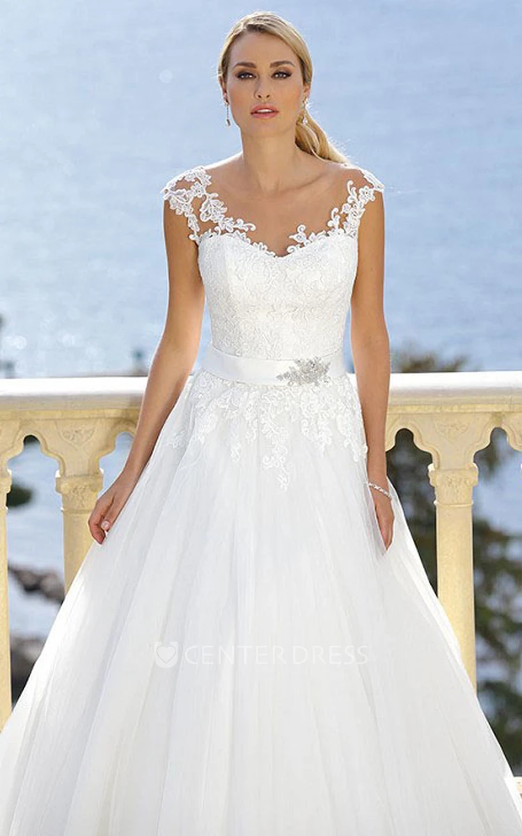 Floor-Length V-Neck Appliqued Jeweled Tulle Wedding Dress