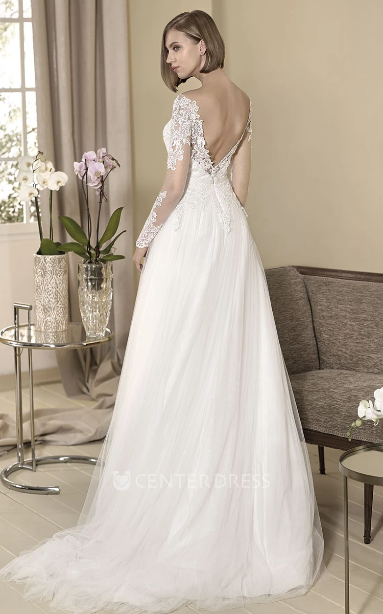 A-Line Appliqued Floor-Length Long-Sleeve Off-The-Shoulder Tulle&Lace Wedding Dress