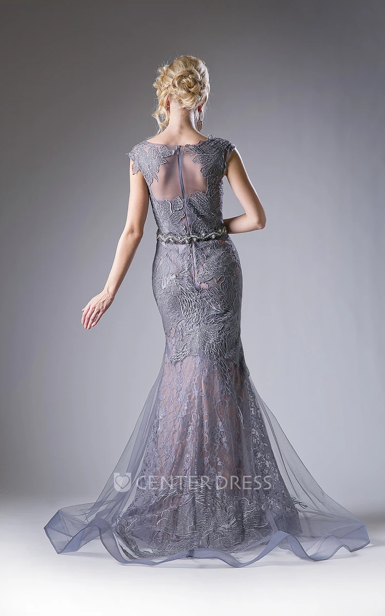 Sheath Bateau Cap-Sleeve Lace Illusion Dress With Appliques And Ruffles