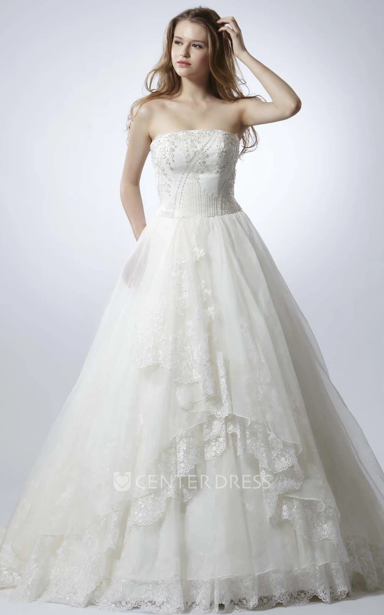 Strapless Floor-Length Beaded Appliqued Tulle Wedding Dress With Pleats And V Back