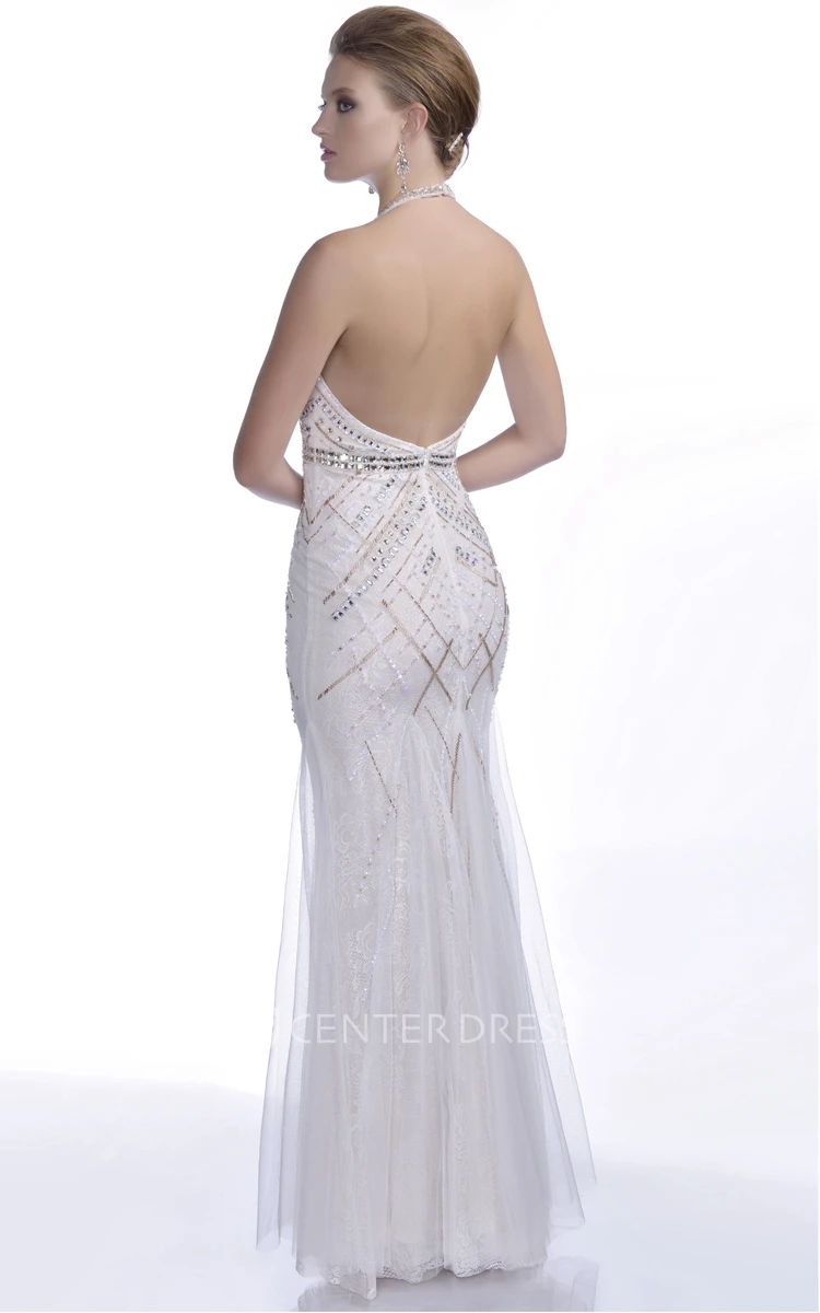 Sheath Sleeveless Tulle Prom Dress With Open Back And Beadings