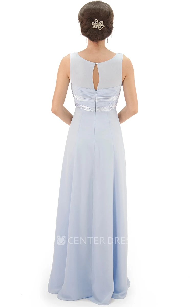 Maxi V-Neck Ruched Chiffon Bridesmaid Dress With Pleats And Illusion