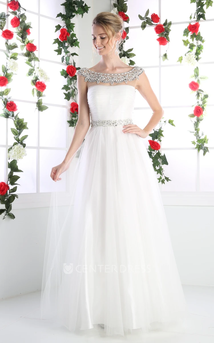 A-Line Long Scoop-Neck Cap-Sleeve Tulle Illusion Dress With Beading And Ruching