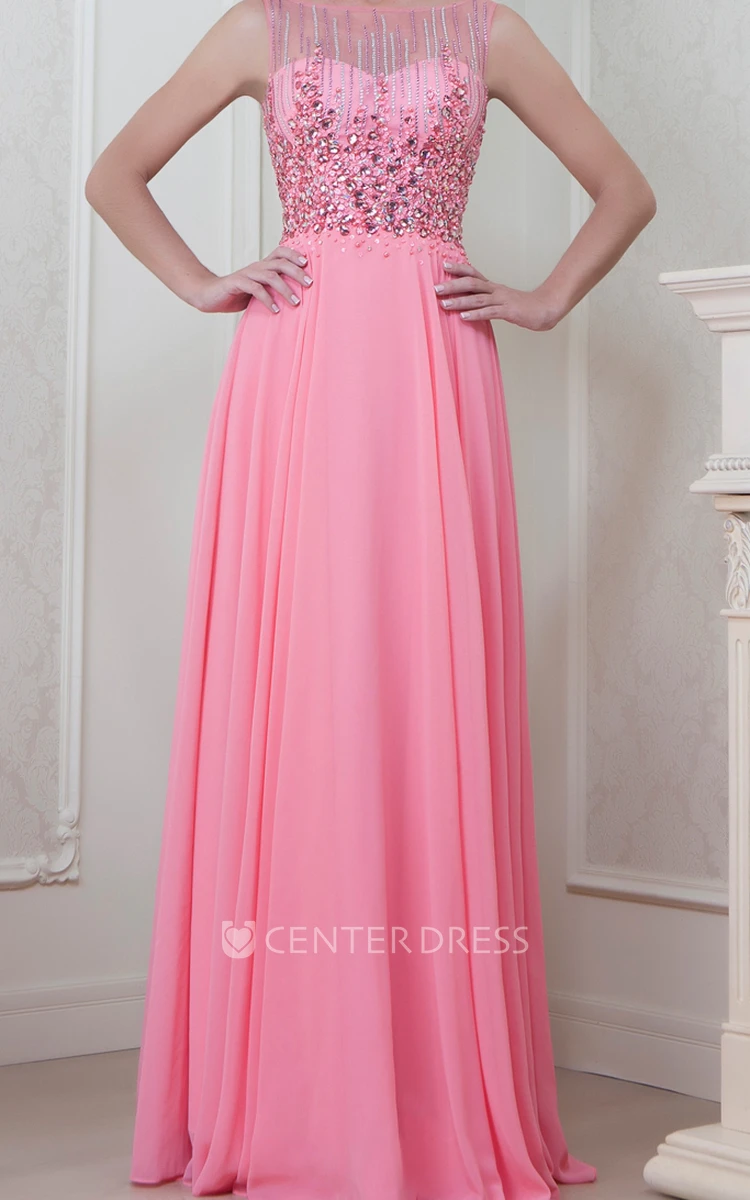 A-Line Floor-Length Beaded Sleeveless Jewel-Neck Chiffon Evening Dress With Pleats